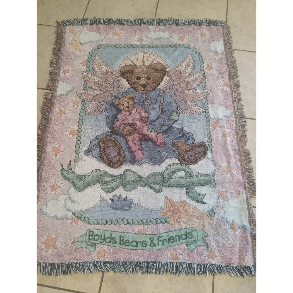 Boyds Bears & Friends Woven Tapestry Throw Blanket Angel Teddy Bear Pink Blue